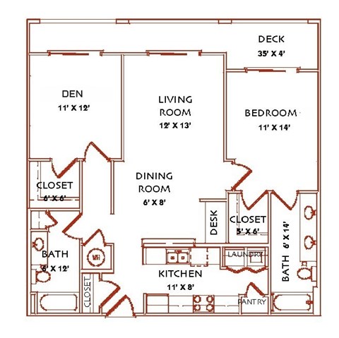 Floor plan for 1 bed, 2 baths, 1117 sqft